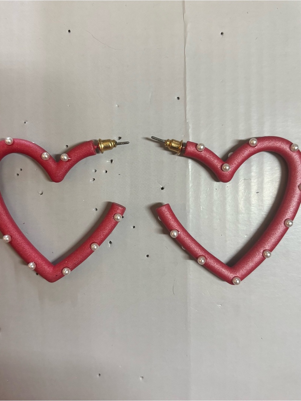 Red Heart-Shaped Pearl-Accent Hoop Earrings
